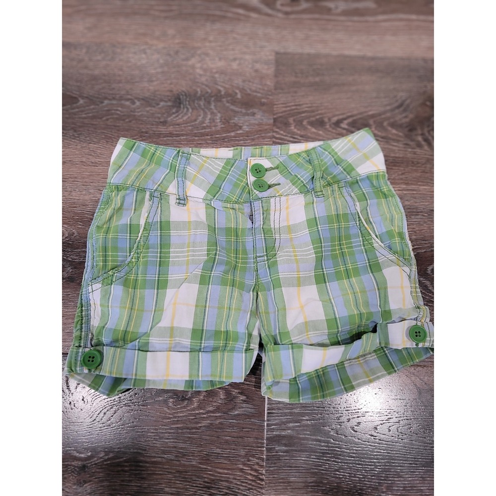 Ivy & Moon Plaid Girls Shorts Green‎ Blue White Cuffed Button Waist Size 8 #5